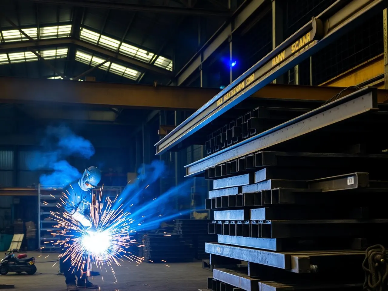 Structural steel fabrication and welding in workshop